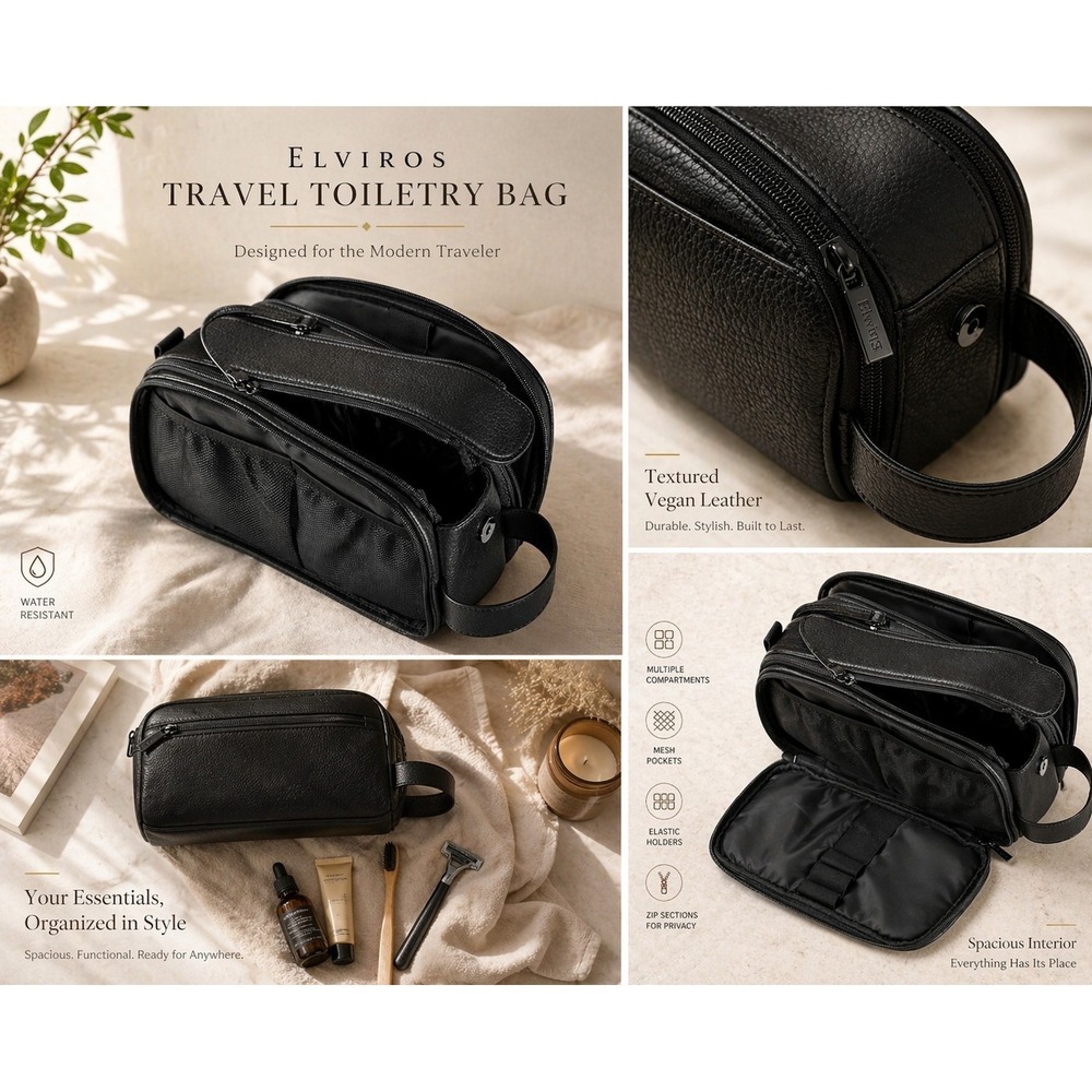 Travel Toiletry Bag Mens L PU Leather Dopp Kit Water Resistant Organizer Black‎